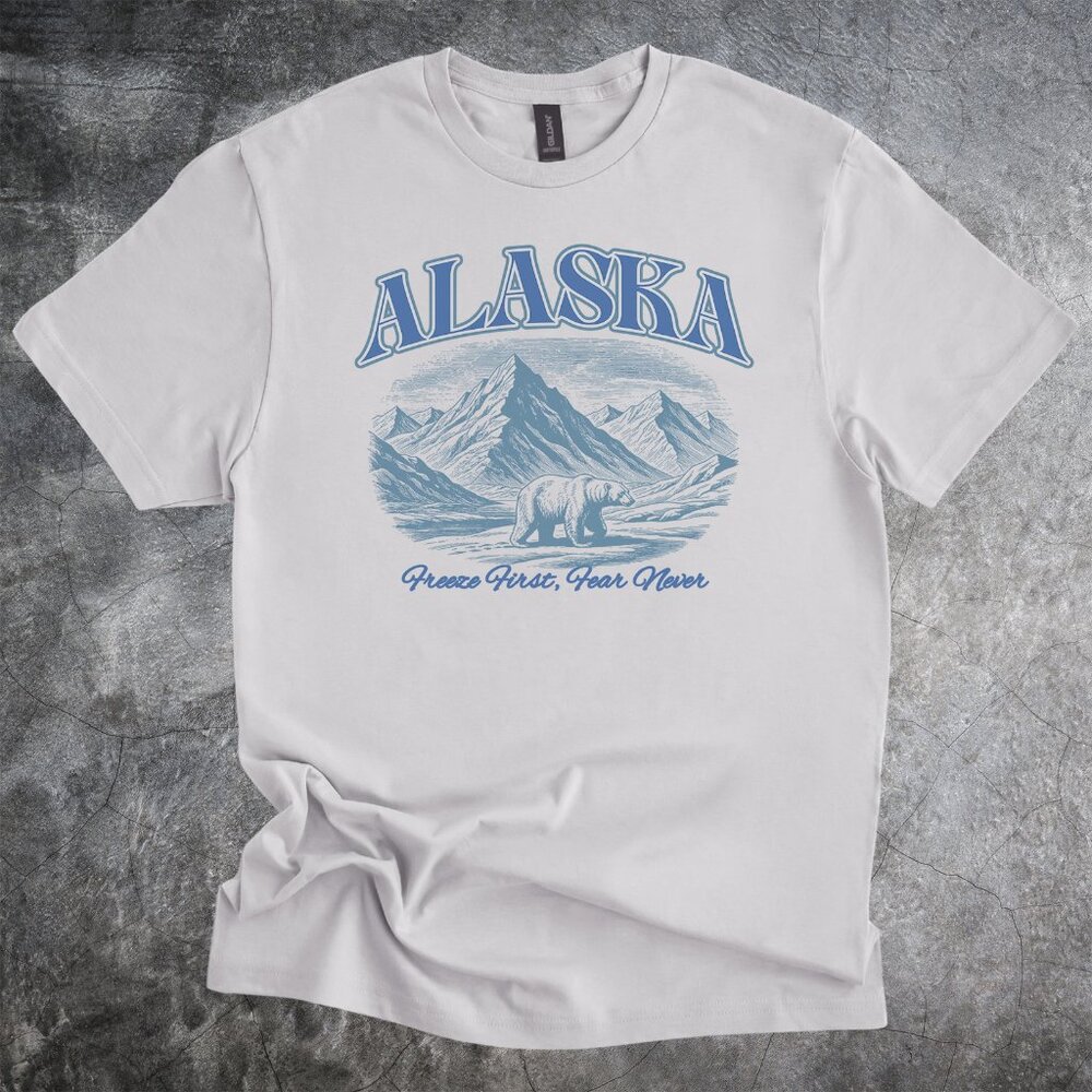 Alaska Mountain Bear Graphic Tshirt Freeze First Fear Never Outdoor Shirt - Picture 1 of 6